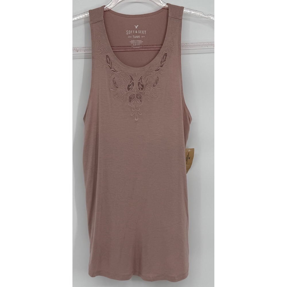 American Eagle Soft & Sexy Tank Top Mauve Pink Embroidered Lace Neck Sz S NEW